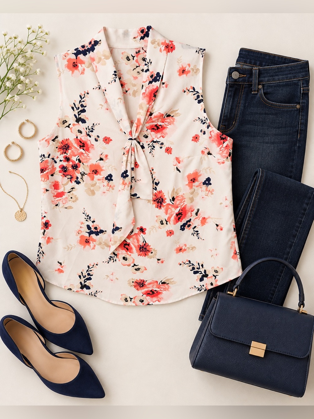 White House Black Market Floral Tie Neck Sleeveless Blouse